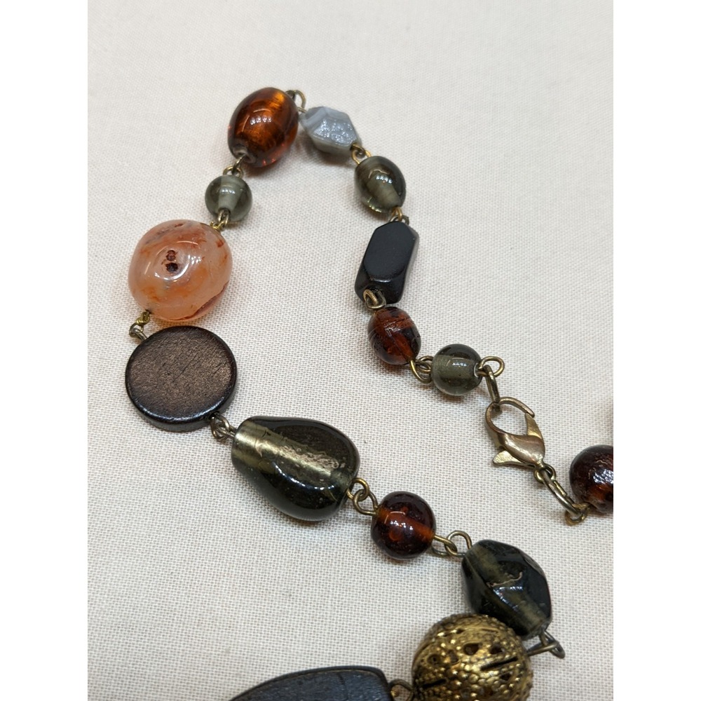 Beggars Beads Necklace Agate Stone Glass Wood Tone Boho Gold Tone ~32" - Picture 5 of 6